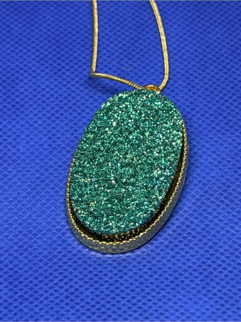 Gold-Tone Necklace with Teal Druzy Oval Pendant